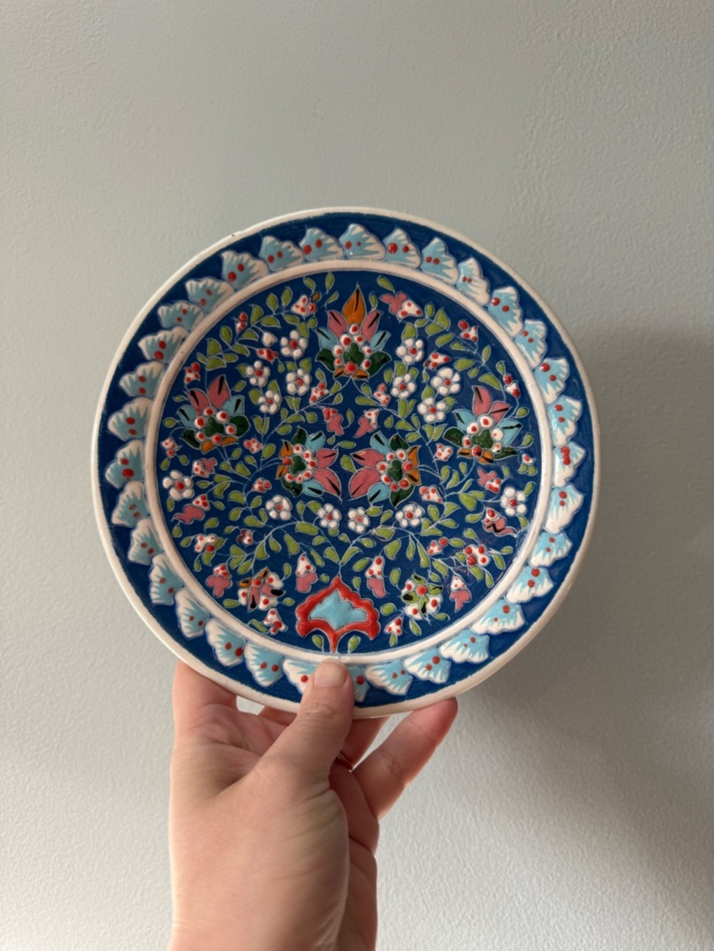 Vintage Turkish Hand-Painted Floral Ceramic Plate in Deep Blue and Turquoise